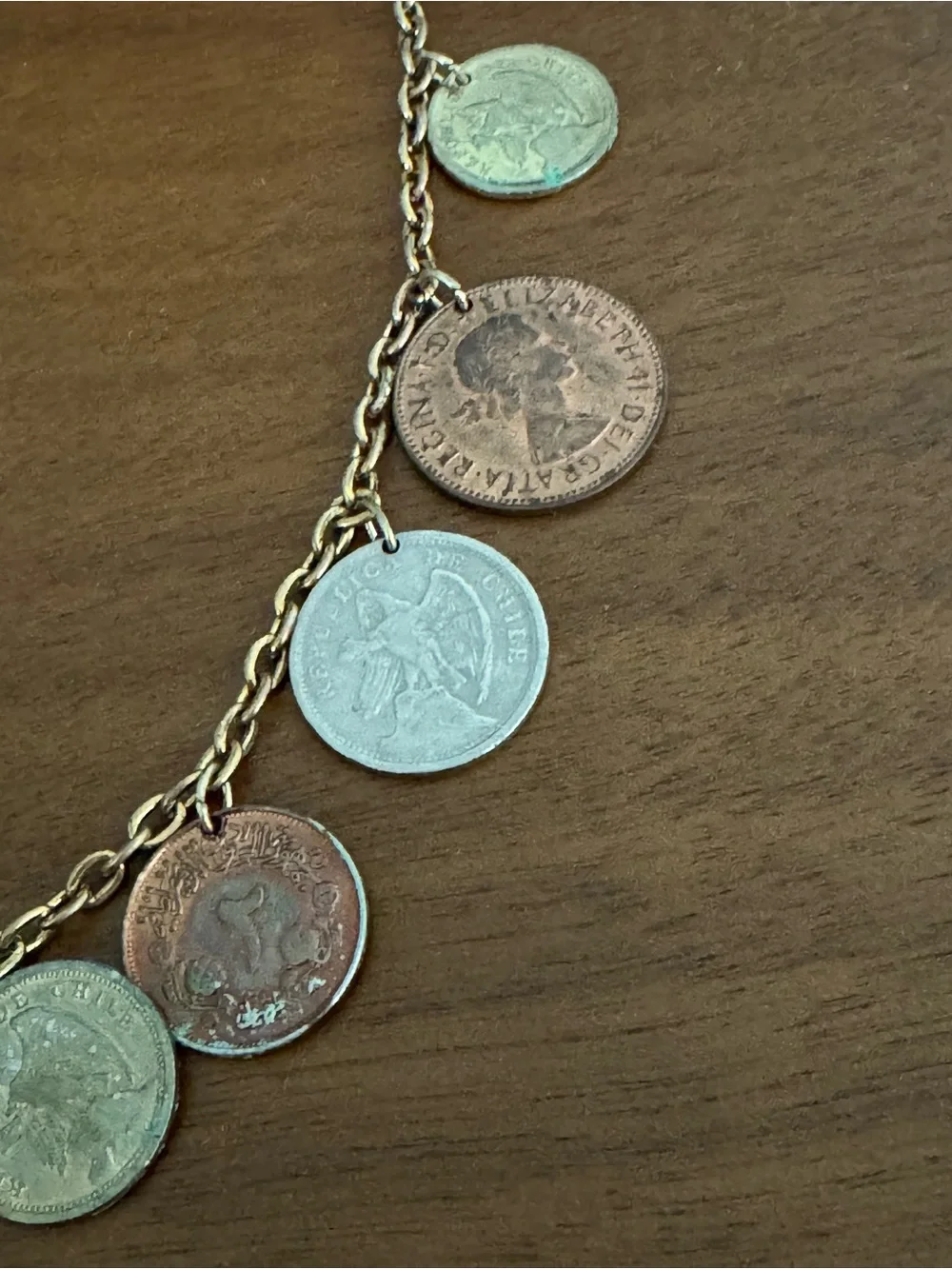 vintage Chilean mixed coins gold-tone chain necklace